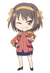 Rule 34 | 1girl, agahari, black footwear, blue skirt, blush, blush stickers, brown hair, clenched teeth, full body, gloves, hairband, hand on own hip, long sleeves, looking at viewer, one eye closed, pointing, pointing at viewer, short hair, simple background, skirt, solo, standing, suzumiya haruhi, suzumiya haruhi no yuuutsu, teeth, v-shaped eyebrows, white background, white gloves, yellow hairband