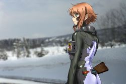 Rule 34 | 1girl, anett hosenfeld, ass, back, blurry, blurry background, blush, bodysuit, brown hair, day, depth of field, eyebrows, eyelashes, from behind, genya (genya67), green eyes, gun, highres, holding, lips, muv-luv, muv-luv alternative, outdoors, overcast, parted lips, photo background, pilot suit, rifle, schwarzesmarken, shiny clothes, short hair, skin tight, sky, smile, snow, solo, standing, teeth, tree, weapon, winter