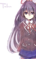 Rule 34 | 10s, 1girl, :|, bad id, bad pixiv id, character name, closed mouth, date a live, long hair, looking at viewer, mishima kurone, purple eyes, purple hair, school uniform, simple background, skirt, solo, very long hair, white background, yatogami tooka