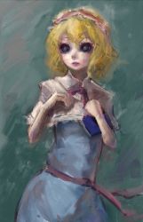 Rule 34 | 1girl, alice margatroid, blonde hair, book, capelet, dress, expressionless, faux traditional media, hair ribbon, hiepita (1014), highres, holding, holding book, ribbon, short hair, solo, touhou, wavy hair