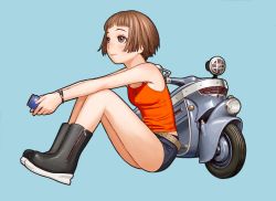 Rule 34 | 1girl, absurdres, bare shoulders, belt, blue background, boots, bracelet, breasts, brown hair, can, closed mouth, full body, highres, holding, holding can, jewelry, knees up, motor vehicle, murata range, outstretched arms, short bangs, short hair, short shorts, shorts, simple background, sitting, sleeveless, smile, solo, tank top