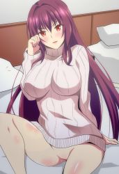 Rule 34 | &gt;:), 1girl, alternate costume, arm support, blush, bottomless, breasts, fate/grand order, fate (series), hair between eyes, hara (harayutaka), highres, impossible clothes, large breasts, long hair, long sleeves, looking at viewer, naked sweater, no pussy, on bed, parted lips, purple hair, red eyes, ribbed sweater, scathach (fate), sidelocks, sitting, smile, solo, sweat, sweater, tsurime, turtleneck, turtleneck sweater, v-shaped eyebrows, very long hair