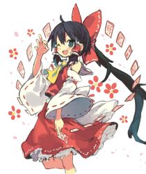 Rule 34 | 1girl, ascot, black hair, bow, detached sleeves, green eyes, hair bow, hair tubes, hakurei reimu, long hair, looking at viewer, morino hon, ofuda, ok sign, one eye closed, open mouth, red bow, red skirt, ribbon-trimmed sleeves, ribbon trim, simple background, sketch, skirt, skirt set, smile, solo, touhou, very long hair, vest, white background, wide sleeves