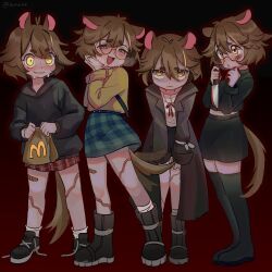 Rule 34 | :3, animal ears, bag, bandaid, bandaid on leg, black footwear, black hoodie, black sweater, blood, blood on hands, blush, boots, brown background, brown coat, brown hair, coat, commentary, english commentary, glasses, gradient background, green skirt, half-closed eyes, highres, holding, holding knife, hood, hooded sweater, hoodie, knife, leaning forward, mcdonald&#039;s, midriff, miniskirt, multiple persona, navel, nervous sweating, original, paper bag, plaid, plaid skirt, puckered lips, red skirt, shirt, short hair, skirt, sleeves past wrists, squirrel ears, squirrel girl, squirrel tail, sweat, sweater, tail, thigh boots, thighhighs, untied footwear, yami (eunriie), yellow eyes, yellow shirt, zettai ryouiki