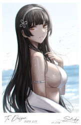 Rule 34 | 1girl, arm strap, bare shoulders, bikini, black hair, breasts, commentary request, daiyan (neural cloud), dated, from side, girls&#039; frontline, girls&#039; frontline neural cloud, hair ornament, hairband, hand up, highres, large breasts, long hair, looking at viewer, looking to the side, outdoors, parted lips, selcky, sideboob, signature, smile, swimsuit, type 95 (girls&#039; frontline), upper body, white bikini, white hairband, yellow eyes