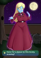 Rule 34 | 1girl, absurdres, artist name, belt, black belt, black bow, blue skin, bow, breasts, brick wall, brooch, buckle, colored skin, dated, dialogue box, dress, english text, full body, full moon, ghost, ghost tail, glowing, grass, graveyard, grin, hands up, high collar, highres, jewelry, keyboard-draws, lace, lace-trimmed dress, lace trim, large breasts, long hair, long sleeves, looking at viewer, luigi&#039;s mansion, mario (series), melody pianissima, moon, night, nintendo, no pupils, nose, open hands, outdoors, outline, outstretched hand, parted bangs, platinum blonde hair, purple dress, purple outline, reaching, reaching towards viewer, sky, smile, solo, spirit, star (sky), starry sky, thick eyebrows, tombstone, tree, walkway, wide sleeves, yellow eyes