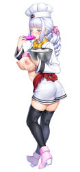 Rule 34 | alternate costume, ametani shiina, aroused, ass, blush, breasts, breasts out, chef, chef hat, cooking pot, cum, cum on body, cum on breasts, cum on upper body, dildo, facial, green eyes, hat, heels, large breasts, leggings, licking, lilith-soft, long hair, long sleeves, nipples, nobushito kuro, official alternate costume, official art, pink heels, pink nails, pink ribbon, ponytail, pussy juice, pussy juice trail, ribbon, sex toy, taimanin (series), taimanin rpgx, topless, white hair
