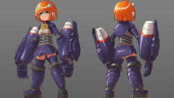 Rule 34 | 1girl, android, big o (mecha), blue eyes, boots, breasts, bright pupils, looking up, mecha musume, mechanical skirt, armored boots, multiple views, open hands, orange hair, personification, rabo, robot ears, short hair, small breasts, the big o, thigh boots, thighhighs, white pupils