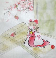 Rule 34 | 1girl, ascot, bow, branch, cherry blossoms, detached sleeves, from above, hair bow, hair tubes, hakurei reimu, highres, kneeling, leaf, light smile, outdoors, petals, red skirt, rinreikararin, skirt, solo, touhou, wooden floor