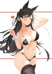 Rule 34 | 1girl, atago (azur lane), atago (stunning speedster) (azur lane), azur lane, bikini, black bikini, black hair, black thighhighs, blush, breasts, brown eyes, cleavage, collarbone, cowboy shot, floating hair, groin, hair ribbon, halterneck, heart, highres, kinjin, large breasts, long hair, looking at viewer, mole, mole under eye, navel, open mouth, ribbon, sideboob, solo, standing, swimsuit, thighhighs, very long hair, white background, white ribbon, wrist cuffs