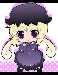 Rule 34 | 1girl, blonde hair, blush, blush stickers, chibi, dress, eggplant, female focus, halftone, halftone background, hat, letterboxed, open mouth, original, personification, purple eyes, satsuki mei (sakuramochi), solo, twintails, white background