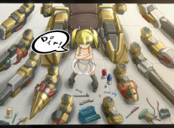 Rule 34 | 1girl, anklet, arm cannon, armor, black thighhighs, blonde hair, chainsword, crossed arms, densou tenshi valforce, disassembly, dress, drill, flat chest, green eyes, hokyou mei, jewelry, karukan (monjya), long hair, power armor, screwdriver, solo, spaghetti strap, sundress, thighhighs, tools, twintails, weapon, white dress, wrench