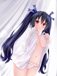 Rule 34 | areola slip, black hair, blouse, blush, breasts, embarrassed, kazuneko (wktk1024), long hair, medium breasts, neptune (series), noire (neptunia), open clothes, open shirt, panties, red eyes, shirt, solo, tagme, twintails, underwear, very long hair, white shirt