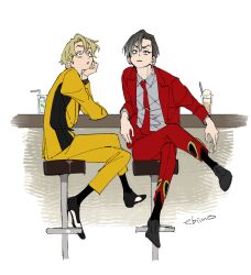 Rule 34 | 2boys, arm rest, black footwear, black socks, blonde hair, chris redgrave, collared shirt, crossed arms, crossed legs, cup, ear piercing, finn oldman, formal, full body, grey hair, grey shirt, head rest, high card, jacket, leaning, looking up, male focus, mojisan (ebimo), multiple boys, necktie, on stool, open clothes, open jacket, parted bangs, parted lips, piercing, raised eyebrow, red suit, shirt, short hair, signature, sitting, socks, suit, wide-eyed, yellow suit
