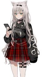 Rule 34 | 1girl, animal ear fluff, animal ears, black bow, black choker, blue eyes, blush, bow, cellphone, chiemo (xcem), choker, closed mouth, clothes writing, cuffs, feet out of frame, grey hair, hair bow, handcuffs, highres, holding, holding phone, jewelry, long hair, long sleeves, multiple rings, original, phone, plaid, plaid skirt, pleated skirt, red skirt, ring, simple background, skirt, sleeves past fingers, sleeves past wrists, smartphone, smile, solo, standing, thigh strap, watch, white background, wristwatch