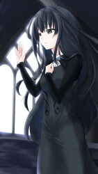 1girl absurdres black_dress black_eyes black_gloves black_hair dress gloves hands_up highres kathyln_glayder long_hair open_mouth sleeveless sleeveless_dress the_beginning_after_the_end very_long_hair walking window