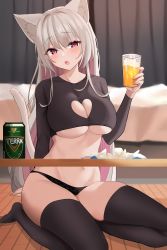 Rule 34 | 1girl, absurdres, alcohol, animal ears, black panties, black thighhighs, breasts, cat ears, cat girl, cat tail, cleavage, cleavage cutout, clothing cutout, crop top, cup, drinking glass, highres, large breasts, midriff, navel, open mouth, original, panties, pink eyes, pucohiiiii, sake, seiza, sitting, tail, thighhighs, thighs, underboob, underwear, white hair