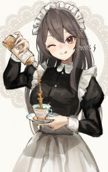 Rule 34 | 1girl, alternate costume, apron, artist name, black dress, black hair, bottle, brown eyes, closed mouth, cup, dress, enmaided, hair between eyes, haruna (kancolle), holding, holding bottle, juliet sleeves, kantai collection, long hair, long sleeves, looking at viewer, maid, maid apron, maid headdress, one eye closed, puffy sleeves, signature, smile, solo, tongue, tongue out, white apron, wss (nicoseiga19993411)
