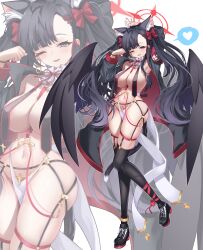 Rule 34 | 1girl, absurdres, alternate hairstyle, animal ear fluff, animal ears, black footwear, black hair, black thighhighs, blue archive, blush, breast curtains, breasts, cat ears, grey eyes, hair ornament, hairclip, highres, ichika (blue archive), large breasts, long hair, multiple views, navel, one eye closed, open mouth, shoes, smile, thighhighs, tia (4017342), two side up, zoom layer