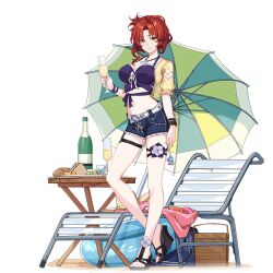 1girl basket belt bottle breasts chair closed_mouth cup food full_body glasses holding holding_cup holding_removed_eyewear honkai_(series) honkai_impact_3rd jacket jewelry murata_himeko murata_himeko_(scarlet_fusion) murata_himeko_(summer_party) necklace official_art red_hair sandals shorts smile solo standing swimsuit third-party_source transparent_background umbrella unworn_eyewear wine_bottle yellow_eyes yellow_jacket