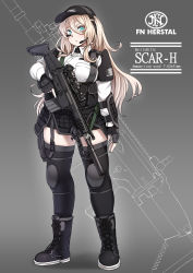 Rule 34 | 1girl, assault rifle, battle rifle, blonde hair, blue eyes, breasts, curvy, fn herstal, fn scar, gun, highres, knee pads, konoshige (ryuun), large breasts, load bearing vest, looking at viewer, original, personification, rifle, scope, solo, magazine (weapon), suppressor, thighhighs, trigger discipline, weapon, wide hips