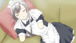 Rule 34 | amputee, apron, artist request, black dress, bow, bowtie, closed eyes, closed mouth, couch, dress, long hair, lying, maid, no arms, no hands, no legs, original, pillow, sleeping, solo, source request, white apron, white bow, white bowtie, white hair