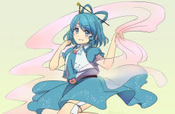Rule 34 | 1girl, :d, blue dress, blue eyes, blue hair, chisel, commentary, dress, drill hair, drill sidelocks, flower, hair ornament, hair rings, hair stick, highres, kaku seiga, kuritsuki, looking at viewer, one-hour drawing challenge, open mouth, pink flower, shawl, short sleeves, sidelocks, simple background, smile, solo, thigh strap, touhou, vest, white vest