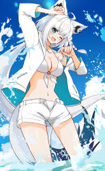 1girl :d ahoge animal_ears arm_up bikini blue_sky blush braid breasts cleavage commentary earrings fox_ears fox_girl fox_tail highres hololive hood hoodie jewelry long_hair looking_at_viewer medium_breasts mia960 navel o-ring o-ring_bikini one_eye_closed open_mouth pentagram shirakami_fubuki shorts single_braid single_earring sky smile solo splashing standing swimsuit tail virtual_youtuber wading water white_bikini white_hair