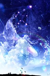 Rule 34 | 1girl, aquarius (constellation), artist name, bubble, cloud, commentary, constellation, highres, makoron117117, original, outdoors, rabbit, rainbow gradient, scenery, shooting star, sky, solo, star (sky), starry sky, whale