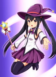 Rule 34 | 1girl, black hair, brown eyes, cosplay, detached sleeves, diesel-turbo, full body, hat, k-on!, long hair, magical girl, mirakurun, mirakurun (cosplay), nakano azusa, outstretched hand, parody, voice actor connection, solo, taketatsu ayana, thighhighs, twintails, wand, witch hat, yuru yuri