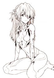 Rule 34 | 1girl, breasts, curvy, dbqp, evangelion: 3.0 you can (not) redo, from side, full body, hair ornament, hair over one eye, looking at viewer, monochrome, neon genesis evangelion, nib pen (medium), parted bangs, plugsuit, rebuild of evangelion, simple background, sitting, skin tight, small breasts, smile, solo, souryuu asuka langley, traditional media, two side up