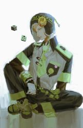 Rule 34 | 1boy, absurdres, badge, bandaged hand, bandages, beanie, black pants, blonde hair, cube, dramatical murder, green eyes, green necktie, hat, highres, lip piercing, long sleeves, looking at viewer, male focus, necktie, noiz (dramatical murder), nose piercing, pants, piercing, pocket, pom pom (clothes), shirt, simple background, sitting, solo, yatatashira