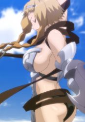 Rule 34 | 10s, 1girl, armor, ass, black panties, blonde hair, blue sky, breasts, closed eyes, highres, large breasts, leina (queen&#039;s blade), long hair, panties, queen&#039;s blade, queen&#039;s blade rebellion, queen&#039;s blade vanquished queens, revealing clothes, screencap, sideboob, sky, solo, standing, stitched, third-party edit, thong, underwear, wide hips