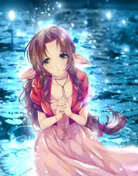 Rule 34 | 1girl, aerith gainsborough, aizawa hiroshi, bow, braid, braided ponytail, breasts, brown hair, collarbone, dress, final fantasy, final fantasy vii, final fantasy vii remake, green eyes, highres, jacket, long hair, looking at viewer, own hands together, pink dress, red bow, red jacket, signature, small breasts, solo, water