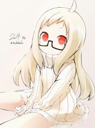 Rule 34 | 10s, 1girl, abyssal ship, alternate costume, bad id, bad pixiv id, bespectacled, colored skin, glasses, kantai collection, long hair, looking at viewer, nekobaka, northern ocean princess, red eyes, ribbed sweater, semi-rimless eyewear, sitting, sleeves past wrists, solo, sweater, turtleneck, under-rim eyewear, v arms, white hair, white skin