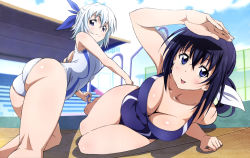 Rule 34 | absurdres, ass, black hair, blue ribbon, bow, breasts, cleavage, competition swimsuit, detexted, hair ribbon, highres, kaminashi nozomi, keijo!!!!!!!!, large breasts, long hair, miyata sayaka, one-piece swimsuit, pool, pool ladder, poolside, ribbon, small breasts, swimsuit, takami akio, third-party edit, white bow, white hair