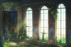 Rule 34 | commentary request, day, fantasy, grass, indoors, miso katsu, moss, no humans, original, painting (object), plant, portrait (object), ruins, scenery, stairs, sunlight, throne, throne room, window