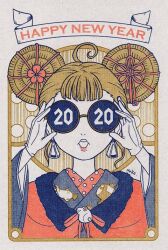 Rule 34 | 2020, adjusting eyewear, ahoge, border, brown hair, chinese zodiac, cloak, covered eyes, double bun, earrings, english text, facing viewer, flower, fur trim, gloves, hair bun, hair flower, hair ornament, hands up, happy new year, japanese clothes, jewelry, kimono, lipstick, long sleeves, makeup, new year, open mouth, original, portrait, round eyewear, solo, straight-on, tokyo mononoke, white gloves, year of the rat