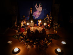 Rule 34 | 1girl, 2d dating, absurdres, alcohol, birthday, birthday cake, black hair, brown eyes, cake, candle, champagne, chocolate, figure, food, gift, highres, k-on!, md5 mismatch, monitor, nakano azusa, photo (medium), resolution mismatch, source smaller, twintails