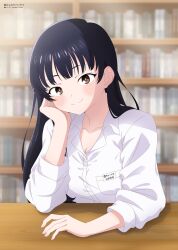 Rule 34 | 1girl, absurdres, blue hair, blush, boku no kokoro no yabai yatsu, bookshelf, breasts, brown eyes, cleavage, collarbone, commentary request, copyright name, dark blue hair, emily0103, head rest, highres, long hair, looking at viewer, medium breasts, name tag, shirt, solo, twitter username, upper body, white shirt, yamada anna