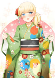Rule 34 | 1girl, :d, blonde hair, blue eyes, blush, floral print, green kimono, japanese clothes, kantai collection, kimono, long sleeves, obi, one side up, open mouth, print kimono, rui shi (rayze ray), sash, shin&#039;you (kancolle), short hair, smile, solo, sparkle, wide sleeves