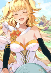 Rule 34 | 1boy, 1girl, animal ears, artist request, bare shoulders, blonde hair, breasts, collarbone, cu sith (destiny child), destiny child, dog, dog ears, dog girl, dog tail, dress, flower, frisbee, golden retriever, happy, highres, large breasts, lassie (destiny child), long hair, sky, smile, star (symbol), tail, white dress