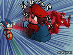 3boys absurdres artist_name backwards_long_jump blue_overalls chakkrx commentary crossover dc_comics english_commentary frown green_eyes hat highres male_focus mario mario_(series) multiple_boys multiple_crossover nintendo open_mouth overalls red_hat sonic_(series) sonic_the_hedgehog speed_lines super_mario_64 surprised the_flash the_flash_(series)