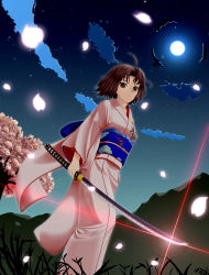 Rule 34 | 1girl, ahoge, bad id, bad pixiv id, brown eyes, brown hair, cherry blossoms, cloud, female focus, from below, full moon, glint, grass, highres, japanese clothes, kara no kyoukai, katana, kimono, lens flare, looking down, moon, mountain, nature, night, night sky, outdoors, petals, ryougi shiki, short hair, sky, solo, swimmer?, sword, tree, weapon