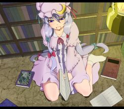 Rule 34 | 1girl, bad id, bad pixiv id, bleeding, blood, blood on face, book, bookshelf, crescent, female focus, hat, highres, indoors, letterboxed, long hair, open book, patchouli knowledge, purple eyes, purple hair, reading, revision, ribbon, shigeruoomi, sitting, socks, solo, touhou, turn pale