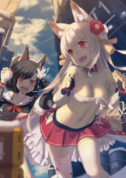 Rule 34 | 2girls, :d, animal ears, azur lane, bandaged arm, bandages, bare shoulders, black hair, black shirt, blonde hair, blue sky, blurry, blurry background, blush, bow, breasts, bridal gauntlets, budget sarashi, building, cleavage, cloud, collar, collarbone, day, depth of field, drum (container), fake animal ears, fang, flower, hair flower, hair ornament, hankon, heart, highres, holding, ladder, leaning forward, leg up, long hair, looking back, mechanical ears, medium breasts, miniskirt, multiple girls, nail polish, navel, off shoulder, open mouth, outdoors, ponytail, red bow, red eyes, red flower, red skirt, sarashi, shigure (azur lane), shirt, single bare shoulder, skirt, sky, smile, snowball, standing, standing on one leg, stomach, strapless, sunlight, tareme, tassel, teeth, thick eyebrows, thighhighs, v-shaped eyebrows, very long hair, white flower, white legwear, wolf ears, yuudachi (azur lane), yuudachi (shogun of snowballs) (azur lane), zettai ryouiki
