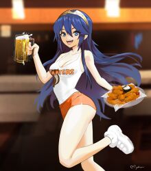 Rule 34 | 1girl, absurdres, alcohol, alternate costume, beer, beer mug, blue eyes, blue hair, breasts, chicken wing, cleavage, commentary, contrapposto, cup, employee uniform, english commentary, fire emblem, fire emblem awakening, highres, holding, holding cup, holding tray, hooters, long hair, lucina (fire emblem), medium breasts, mug, myahogao, nintendo, open mouth, orange shorts, sauce, shoes, short shorts, shorts, signature, smile, sneakers, solo, tank top, tiara, tongue, tongue out, tray, uniform, very long hair, waitress, white tank top