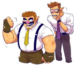 Rule 34 | 2boys, :d, alternate costume, alternate muscle size, bad tag, bara, belly, blush, character request, clenched hand, collared shirt, cropped legs, facial hair, formal, gloves, highres, large hands, male focus, mario (series), multiple boys, muscular, muscular male, mustache, necktie, nintendo, open mouth, pectorals, plump, pointy ears, salaryman, sharp teeth, shirt, skinny, smile, standing, suspenders, teeth, thick arms, thick mustache, wario, white background, yowasabimechaoc