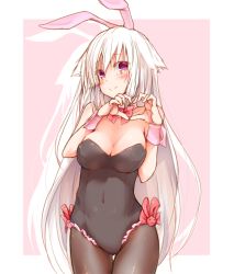Rule 34 | 1girl, animal ears, black pantyhose, blush, bow, bowtie, breasts, cleavage, closed mouth, covered navel, cowboy shot, detached collar, fake animal ears, frilled leotard, frills, head tilt, heart, heart hands, leotard, long hair, looking at viewer, medium breasts, original, pantyhose, pink background, pink eyes, playboy bunny, rabbit ears, red bow, red bowtie, rinrin (927413), silhouette, silver hair, simple background, skin tight, smile, solo, standing, strapless, strapless leotard, tareme, thigh gap, very long hair, wrist cuffs