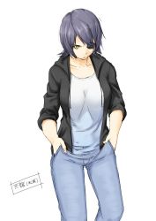 Rule 34 | 10s, 1girl, casual, denim, eyepatch, hands in pockets, highres, jeans, kantai collection, niwatazumi, pants, purple hair, shirt, solo, t-shirt, tenryuu (kancolle), yellow eyes